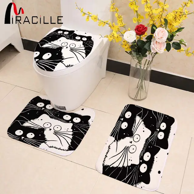Miracille 3 Piece Set Soft Coral Fleece Toilet Sets Toilet Seat Cover Cartoon Black and White Totoro Printed Warm Bath Rug