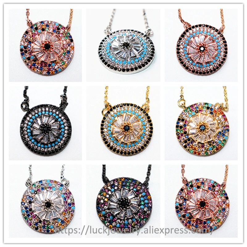 

5pcs/lot Luck Jewel Turkish Eye Round Flashing Pendant Necklace Micro Pave CZ Lovers' Crystal Trendy Handmade Vintage Jewelry