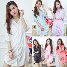 Женская Летняя шелковая блузка размера плюс, ночная рубашка, 3/4 рукава, воротник с лацканами, пуговица, свободное Дамское белье, изогнутый подол, мини-Пижама