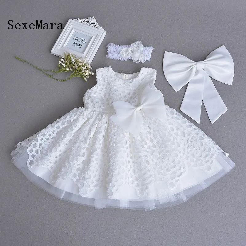 

White Lace 2018 Baby Girl Christening Gown Sleeveless Girls First Birthday Party Dress Kids Clothing 0-2Y
