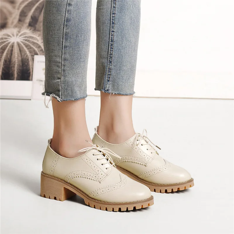 Women Oxfords Shoes Handmade Lace-up Round Toe Thick Heel Leisure Comfortable and Soft Office Lady Shoes