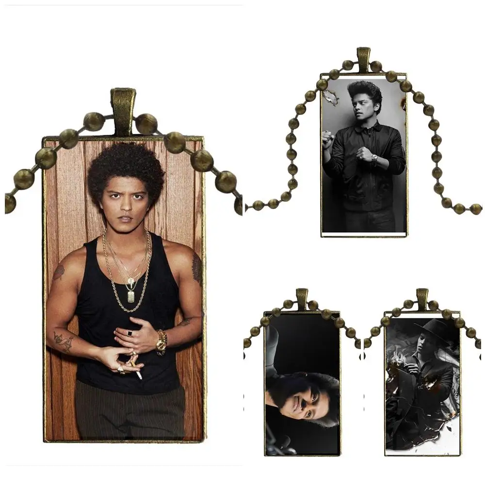 

Singer Bruno Mars Star For Women Men Glass Pendant Necklace Handmade Half Pendant Rectangle Necklace