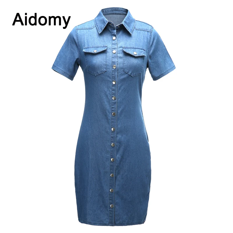 

Casual Denim Dress Women Short Sleeve Summer Dresses 2019 Turn-Down Collar Front Buttons Bodycon Blue Jean Dress For Women