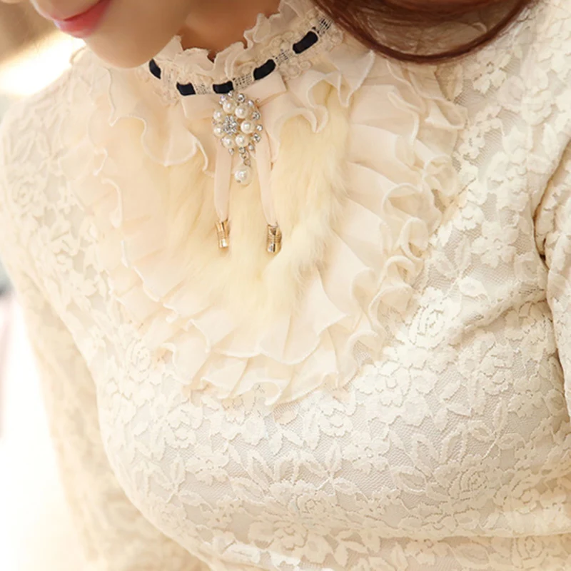 Online 2019 nuovo volant perla camicetta delle donne del merletto della signora dell ufficio bianco camicie a maniche lunghe elegante solido sexy sottile che basa camicie top