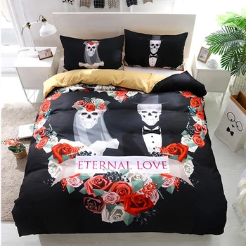

3pcs Rose Skull Wedding Bedding Set King Size Bohemian Couple Skull Print Duvet Cover Set With Pillowcase US Queen Bed Bedline
