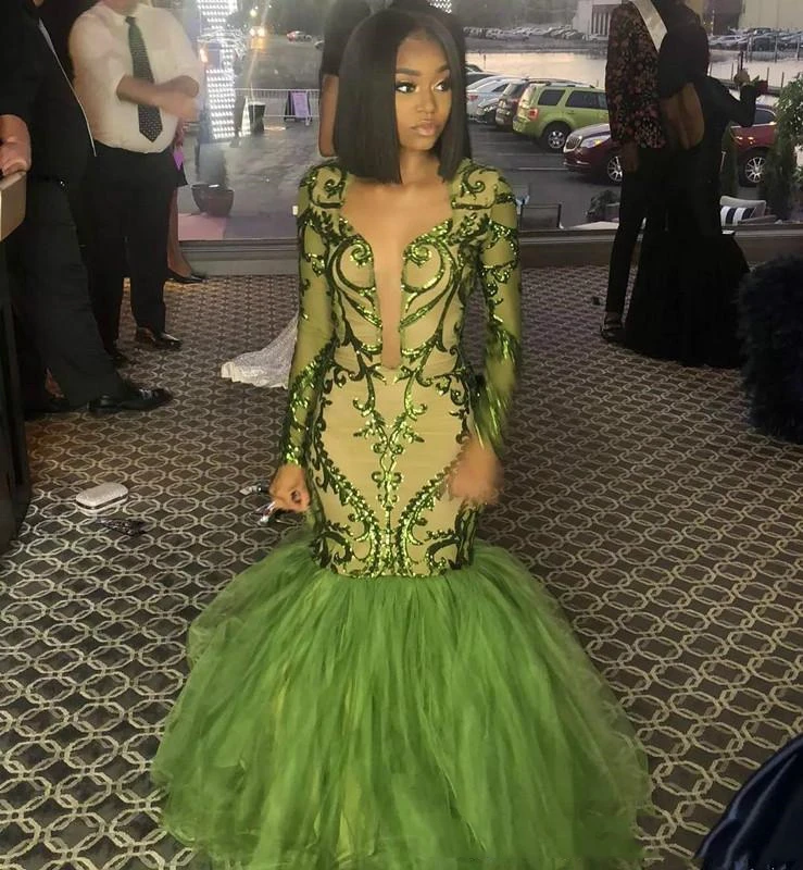 

Gorgeous Green Long Sleeve Tulle 2019 Mermaid Evening Dresses Sequins Evening Gowns African Black Girl Formal pageant Prom Gowns