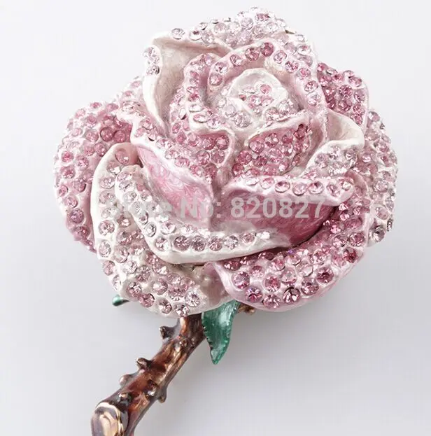 Rose Shape Handmade Enamel Jewelry Trinket Box with Rhinestone for Birthday Gifts Wedding Gifts