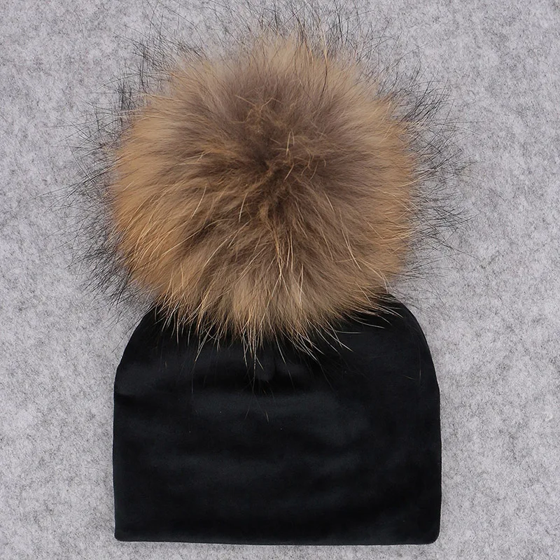 GZHILOVINGL Real Fur Pom Pom Baby Girls Boys Hat Warm Winter Knitted Velvet Hat Toddler Kids Soft Thick Flannel Beanies Pompoms