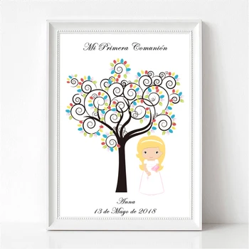 

Customize Name Date Place For First Communion Gift For Girl Baptism Christening Souvenir Fingerprint Tree Canvas Art Print & Ink