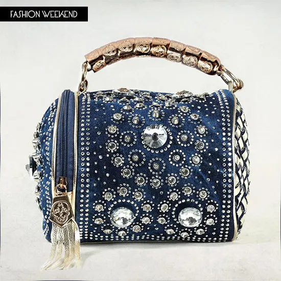 Best Quality Brand Designer Diamond Rhinestone Denim Bags Elegant Best Quality Brand Designer Diamond Rhinestone Denim Bags Elegant Luxury Women Jeans Handbags Delicate Tote Tassel Shoulder Bag In Top Handle From