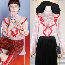 Ky&Q 2017 Winter Runway Designer flamingo Blouse Women High Quality Long Sleeve Stand Collar Ruffled Elegant Female Top Shirt