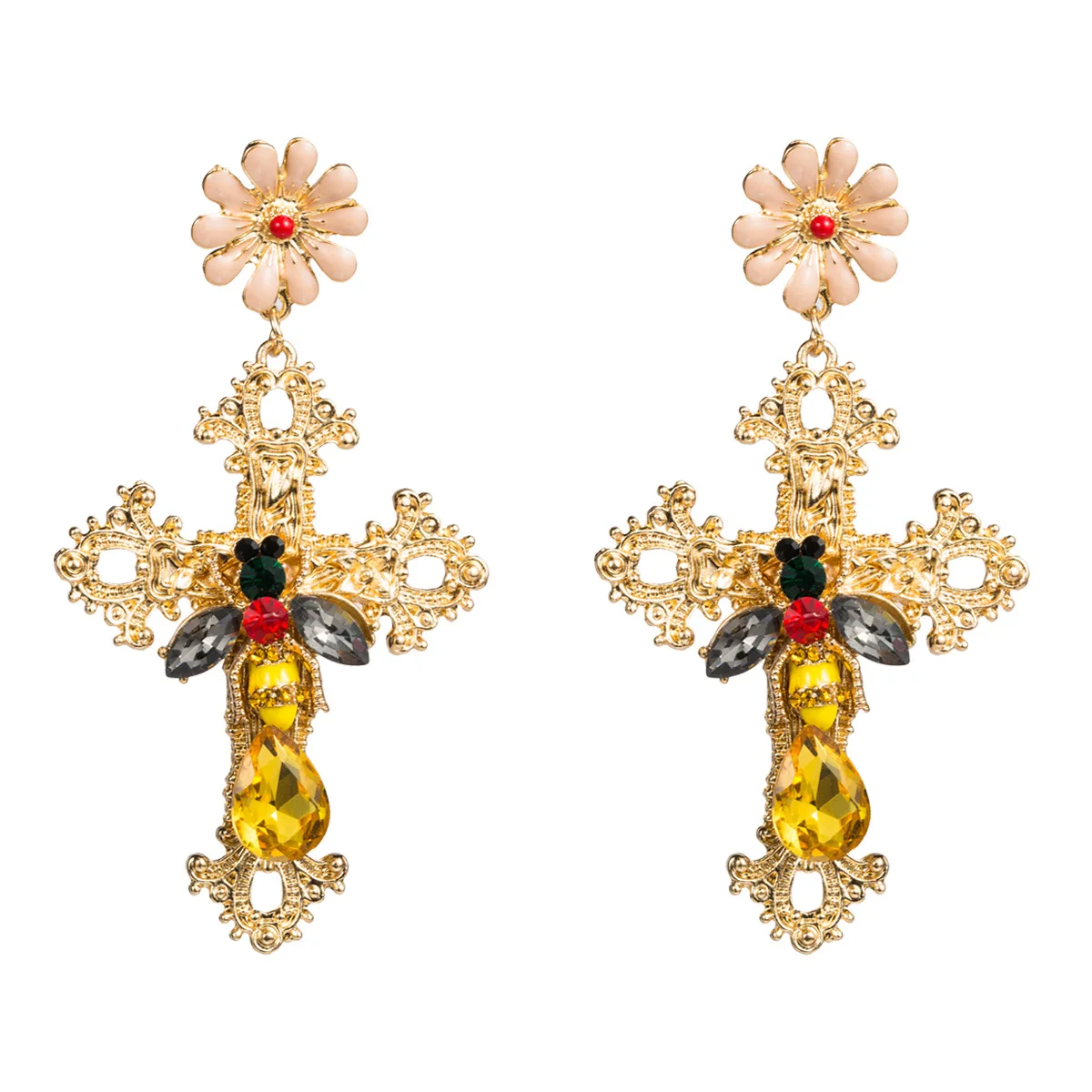 Korean Trendy Baroque Pearl Beads Hollow Cross Dangle Earrings For Women Silver Needle Long Bohemian Drop Oorbellen | Украшения и