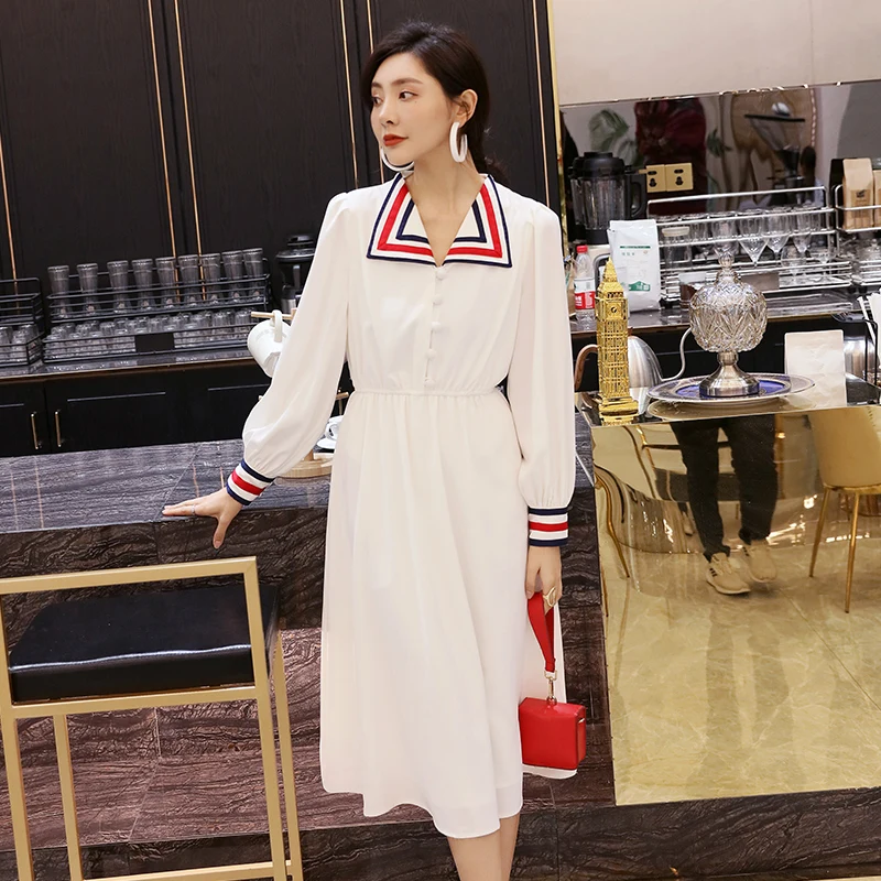 

YIGELILA Women White Dress Summer Fashion Elegant V-neck Full Sleeve Empire Slim Midi Dress 64769