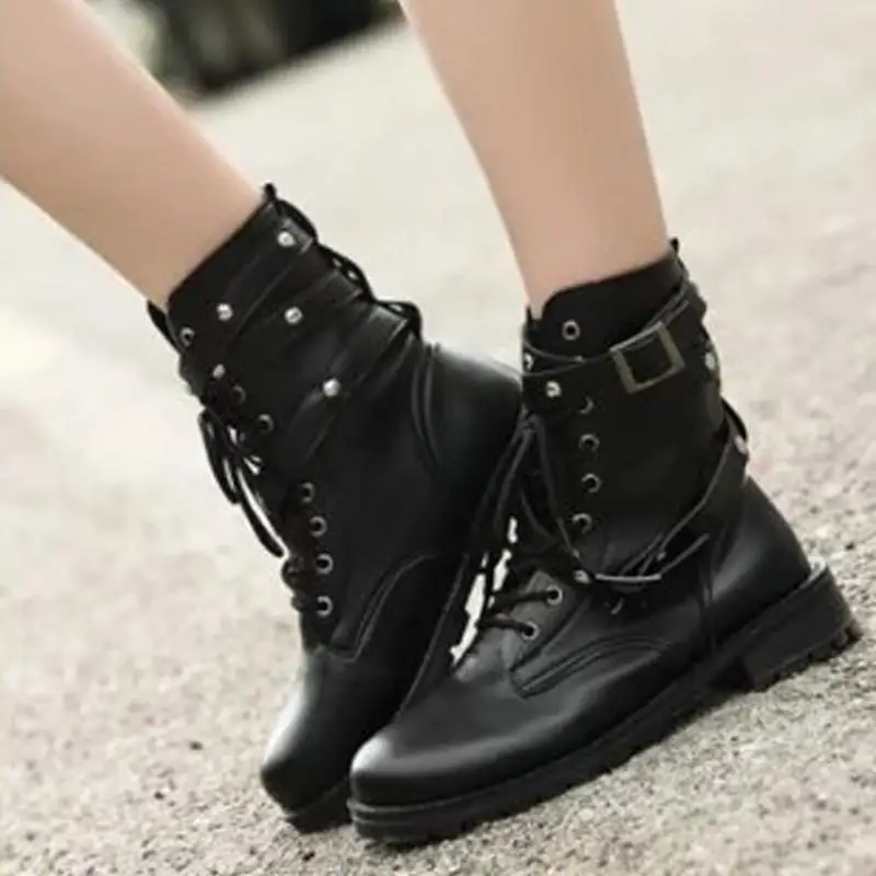 

2018 Fashion New Punk Gothic Style Lace up Belts Round Toe Boots Women Shoes Short Boots