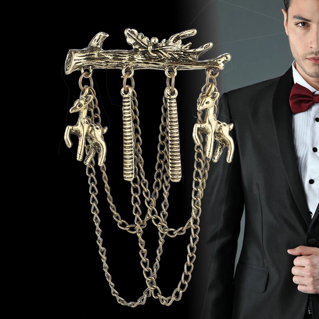 Elegant Deer and Tree Branches Brooch with Hanging Tassel Chain Elegant Lapel Pin for Suit Tuxedo, Christmas Gifts
