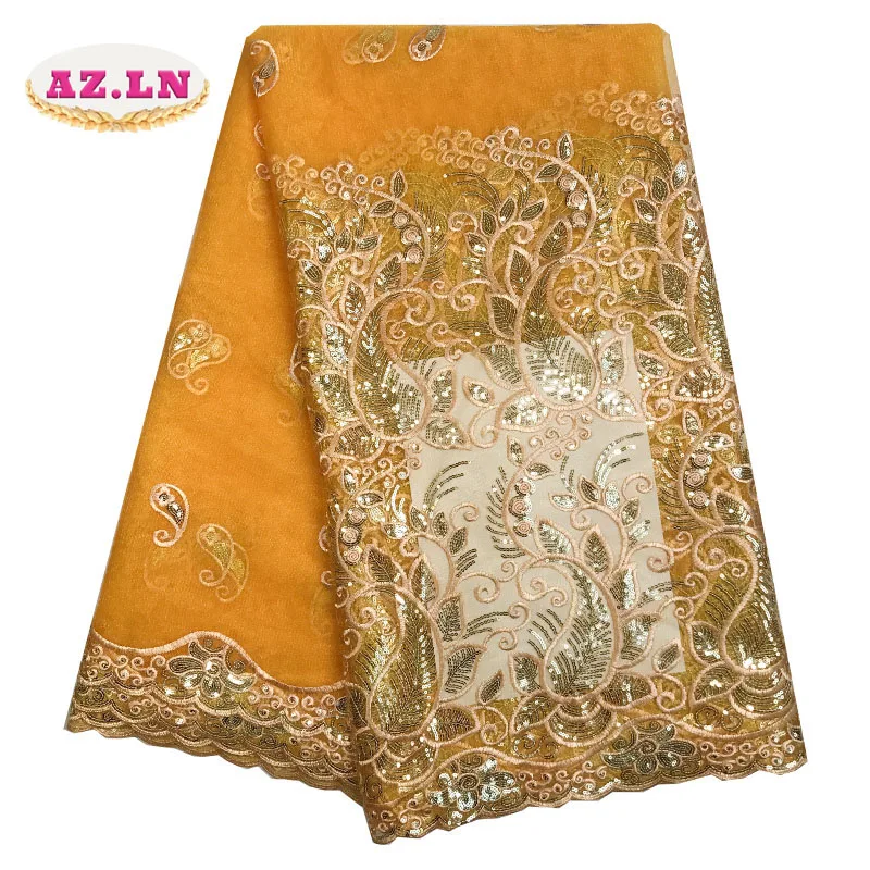 Высококачественная африканская кружевная ткань золото, розовая французская сетчатая вышивка Тюлевое кружево с пайетками ткань для нигерийских вечерние платья AMZ