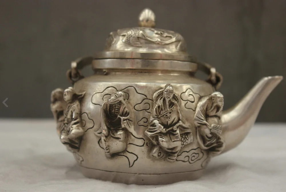 

Chinese Folk Culture HandMade Silver Bronze Statue The Eight Immortals Teapot