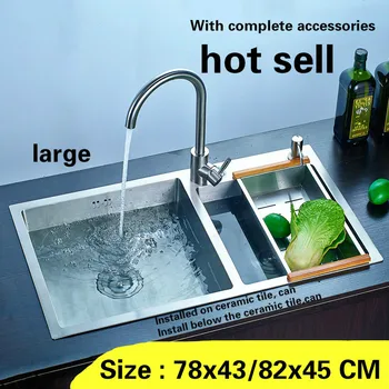 Cheap Free Shipping Kitchen Sink Large Durable Double Trough 304 Stainless Steel Hand Made Hot Sell 78x43 / 82x45 CM