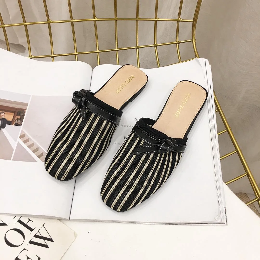 

2019 Famous Designer Knitting Flip Flops Women Mules Square Toe Slippers Stretch Fabric Outdoor Slides Summer Weave Shoes