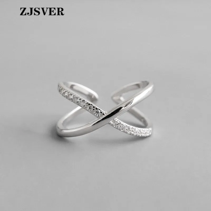 

ZJSVER Fine Jewelry 925 Sterling Silver Rings Fashion Simple Micro-set Crystal X Shape Opening Adjustable Women Ring For Present