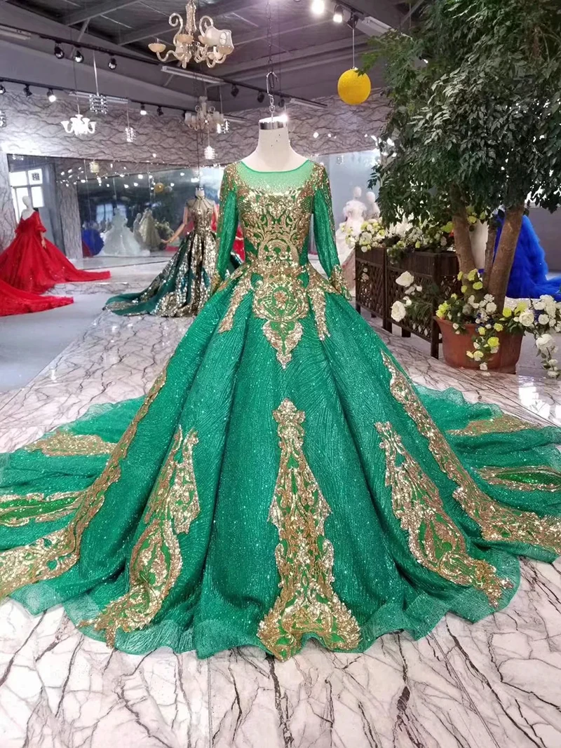 LSS326 блестящее зеленое женское вечернее платье с золотым кружевом с круглым вырезом и длинным рукавом мусульманское блестящее вечернее