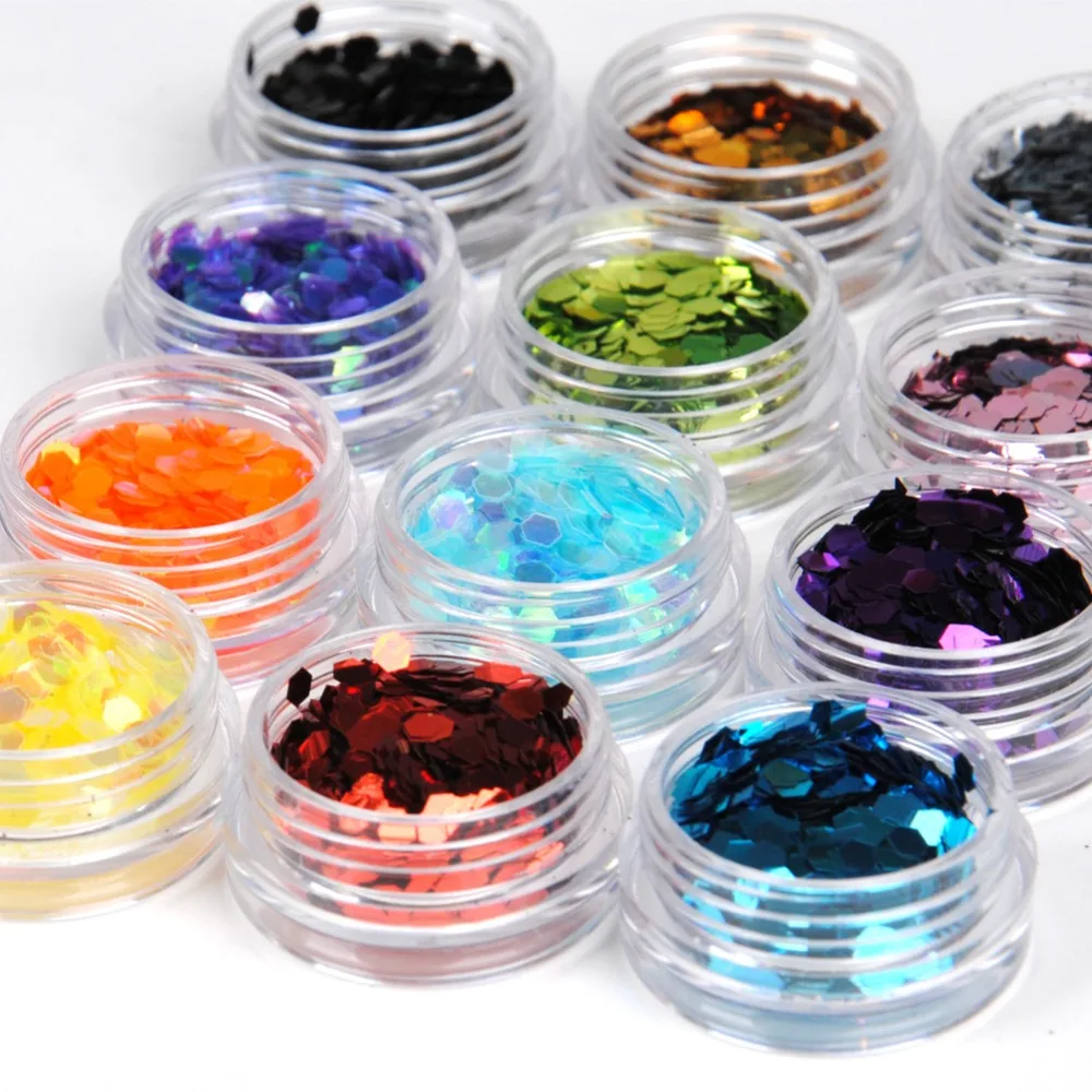 

Nail Art Set 12 Colors Mixed Nail Glitter Powder Hexagon Shape Design For Nail Powder Glitter Sheets Tips 3D Nail Art Decoration