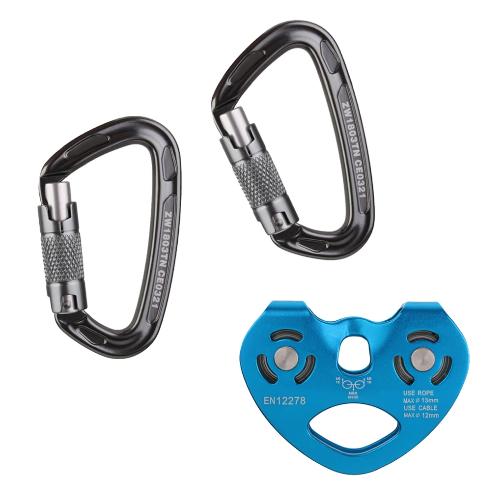 30KN Rock Climbing Descender Zip Line Cable Trolley Fast Speed Dual Pulley Outdoor Accessory+2 Pcs Screw Locking Carabiners 24KN