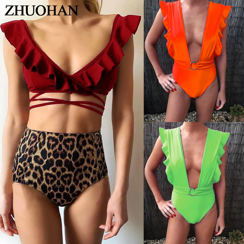 

Solid Suit Ruffle Swimwear Women Leopard Swimsuit Bandage Biqiuni Ladies Summer Bathing High Waist Beachwear Bikinis 2019 Mujer