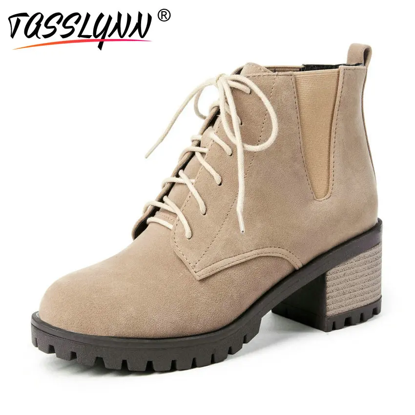 

TASSLYNN 2019 Women Boots Round Toe Square High Heels Lace Up Ankle Boots Sewing Elastic Band Autumn Shoes Women Size 34-43