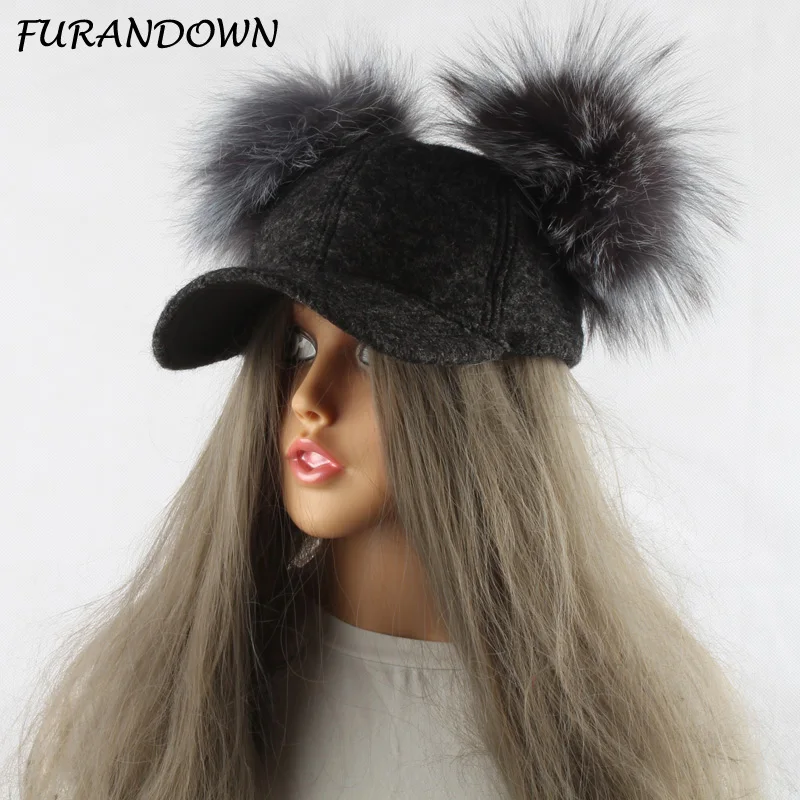 FURANDOWN 진짜 실버 여우 모피 응원 모자 여성 만화 두 치어 리딩 야구 브랜드 snapback 힙합 모자 