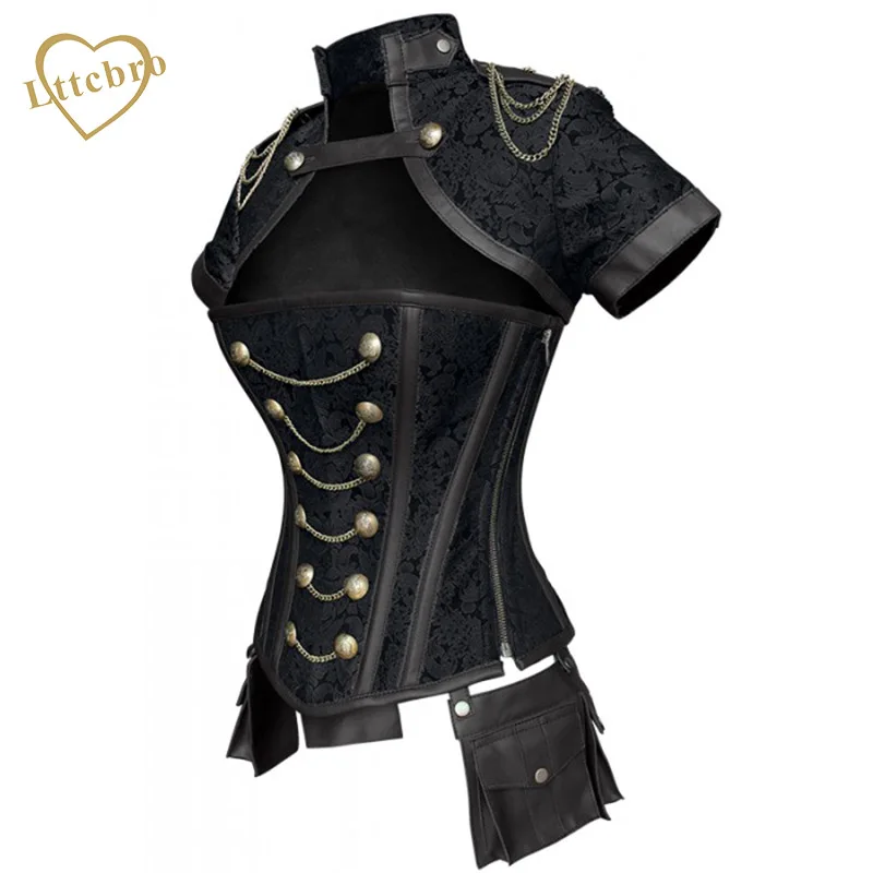 Steampunk Corset Jacket Retre Steel Boned Punk Overbust Bustiers Corsets Costumes Top With Gold Chain Front Steampunk Corset Jacket Retre Steel Boned Punk Overbust Bustiers Corsets Costumes Top With Gold Chain Front