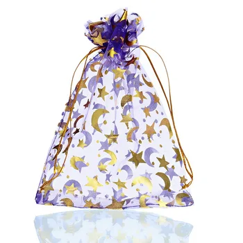 

MJARTORIA 40-50PCs Purple Organza Gift Bags Gold Tone Moon Star Pouches For Jewelry Packaging Wedding Chrismas Favor 13 x18cm