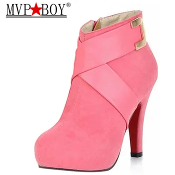 

MVP BOY Ankle Boots Women Fashion Short Boot Winter High Heel Shoes Sexy Round Toe Zip Snow Warm Boots Size 34-43 Black Red Pink
