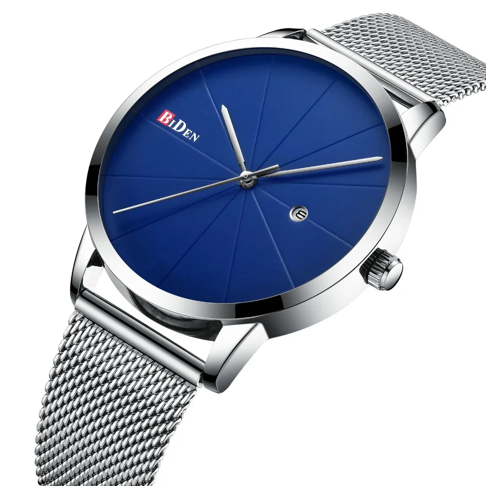 

2019 New Fashion Minimalist Watch Men Quartz Analog Clock Calendar Blue Dial Ultra Thin Mesh Strap Mens Watches Top Brand Luxury
