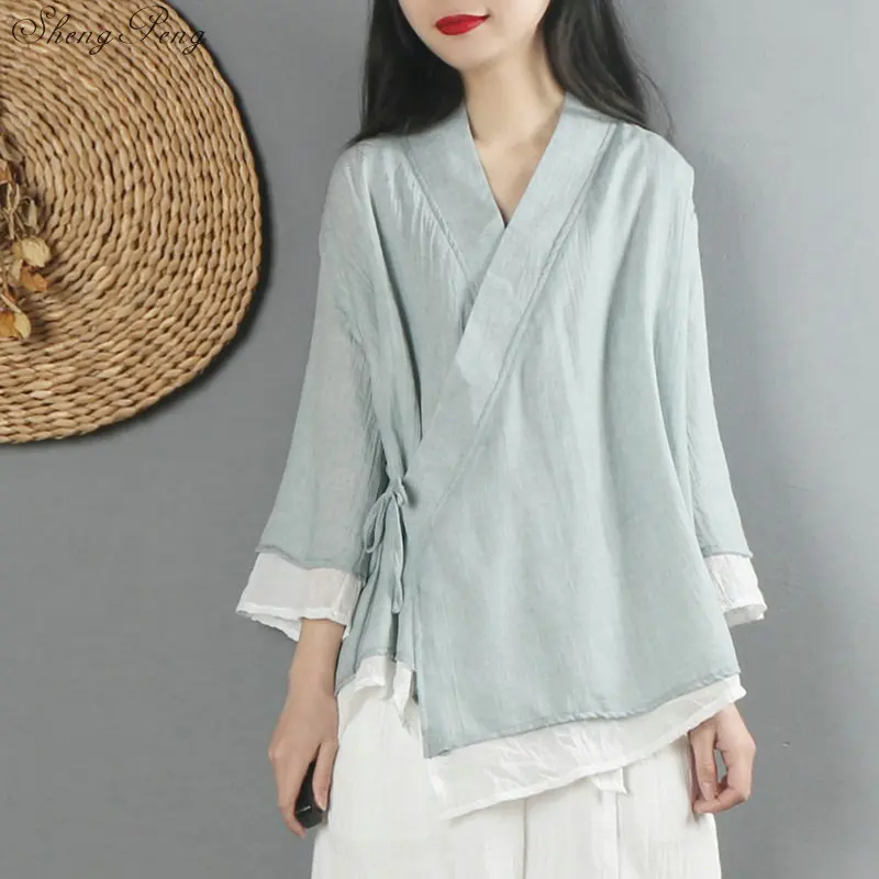 Новая льняная рубашка, Женский Топ, традиционный китайский стиль, топ, блузки, одноцветная льняная рубашка, Восточная одежда V1475