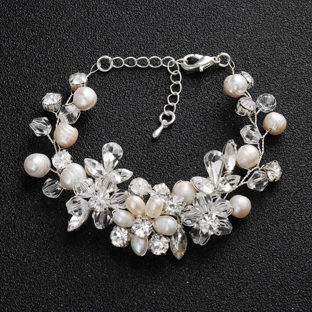 

SLBRIDAL Handmade Silver Clear Crystal Wedding Bracelet Rhinestones Freshwater Pearls Bridal Bracelet Bridesmaids Women Jewelry