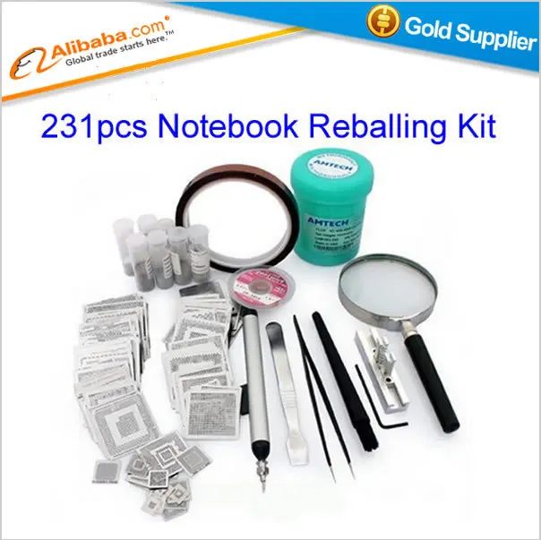 

Free shipping 231pcs Notebook Direct Heat Stencils For Laptop solder balls, flux, scraper, brush, tweezer, BGA reballing kit