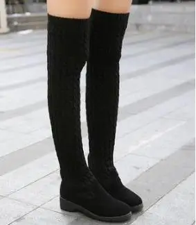 Г. Новые модные женские сапоги осень-зима вязаные шерстяные Высокие Сапоги выше колена на плоской подошве эластичные сапоги - Цвет: black