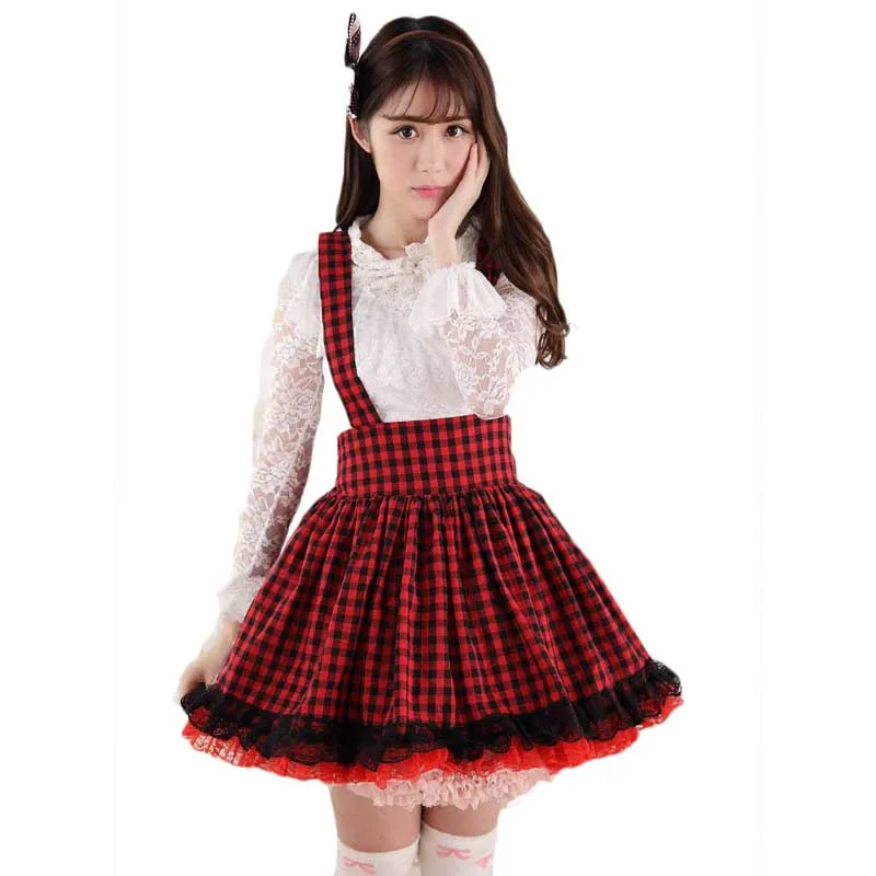 Клетчатая кружевная школьная форма в стиле Лолиты в консервативном стиле, Милая юбка в японском стиле Харадзюку для женщин, Saia Faldas юбка женская юбки - Цвет: Красный