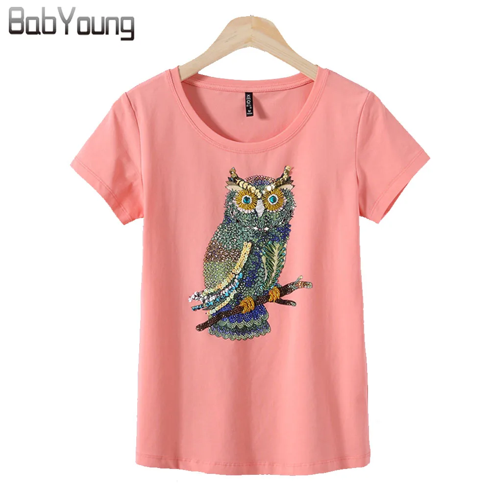 

BabYoung Casual Summer Tops Women T-Shirt Owl Pattern Diamond Sequins Short Sleeve O-Neck T-Shirt Tee Shirt Femme Female Tshirt