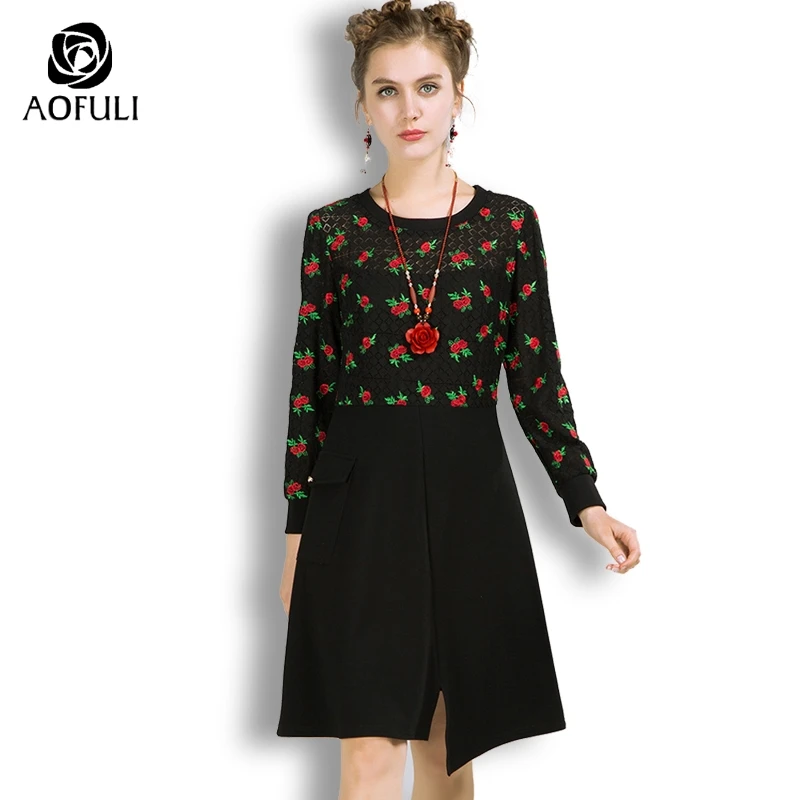 

AOFULI M-3XL 4XL 5XL Flower Embroidery Lace Dress Rose Long Sleeve Asymmetrical Dress For Spring Plus Size Women Clothing B1022