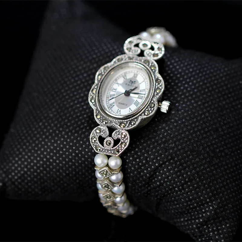 

New Arrival Limited Edition S925 Pure Silver Watch Natural Pearls Lady Thai Silver Bracelet Fine Jewelry Rhinestone Bangle Watch