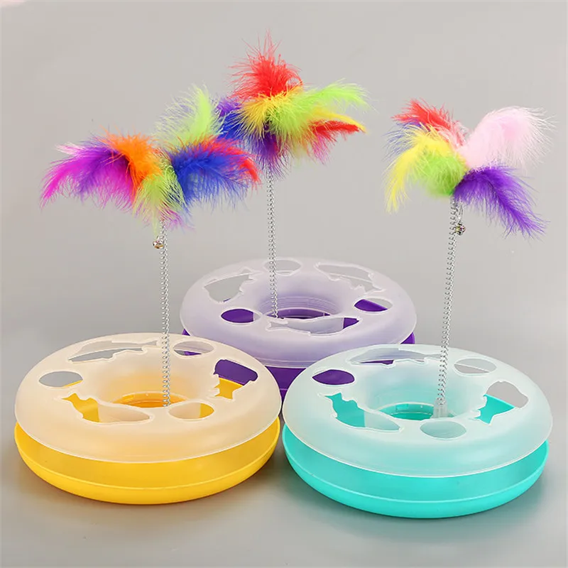 

Cat Toys Elasticity Colored feather Crazy Amusement Disk Multifunctional Disk Play Activity Pet Funny Toys Multiple Color