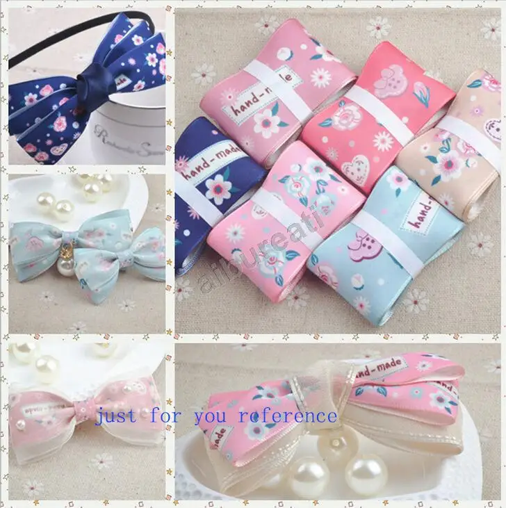 

Free shipping Flowers printed ribbon grosgrain hairbow diy party decoration wholesale