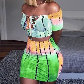 

Women Casual Mini Dress 2PCS/Set Women Print Short Sleeve Slash Neck Sexy Lace Up Crop Top + Mini Skirt Women's Sets