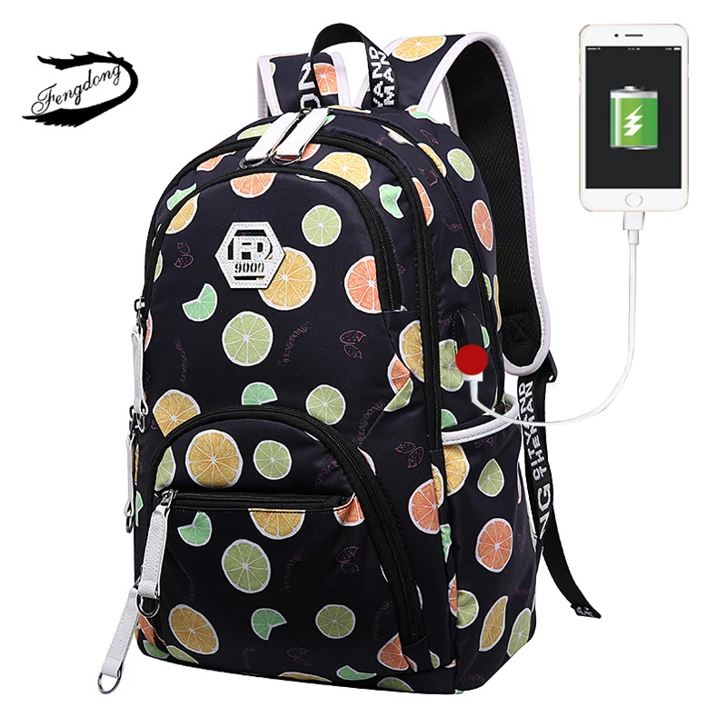 

FengDong Brand Woman Cute cactus Printing Bookbags USB Charging Travel Laptop Backpack Student Durable School Bag Zaino Backbag