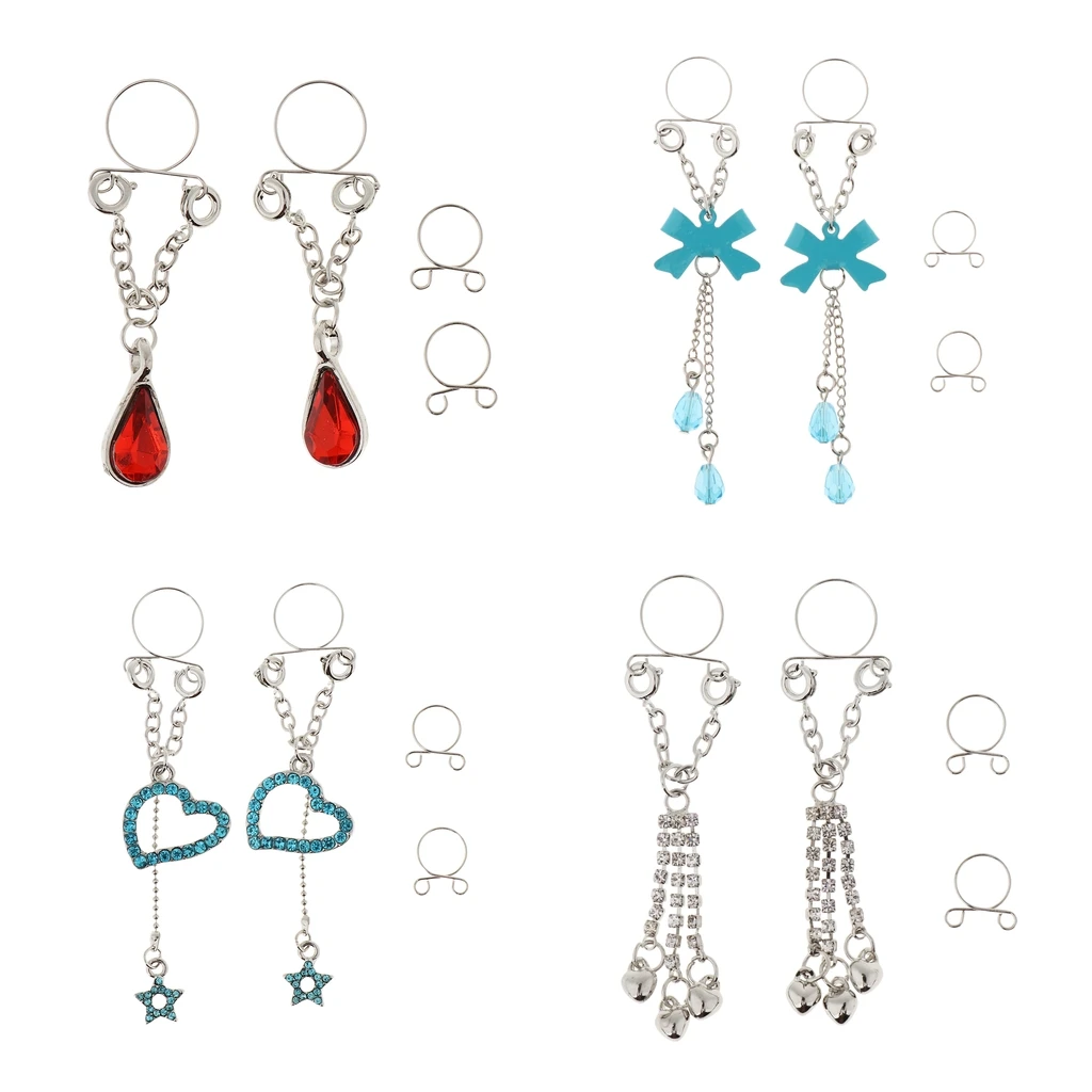 1 Pair Clip On Fake Non Pierce Nipple Rings Crystal Dangle Non Pierced Body Jewelry