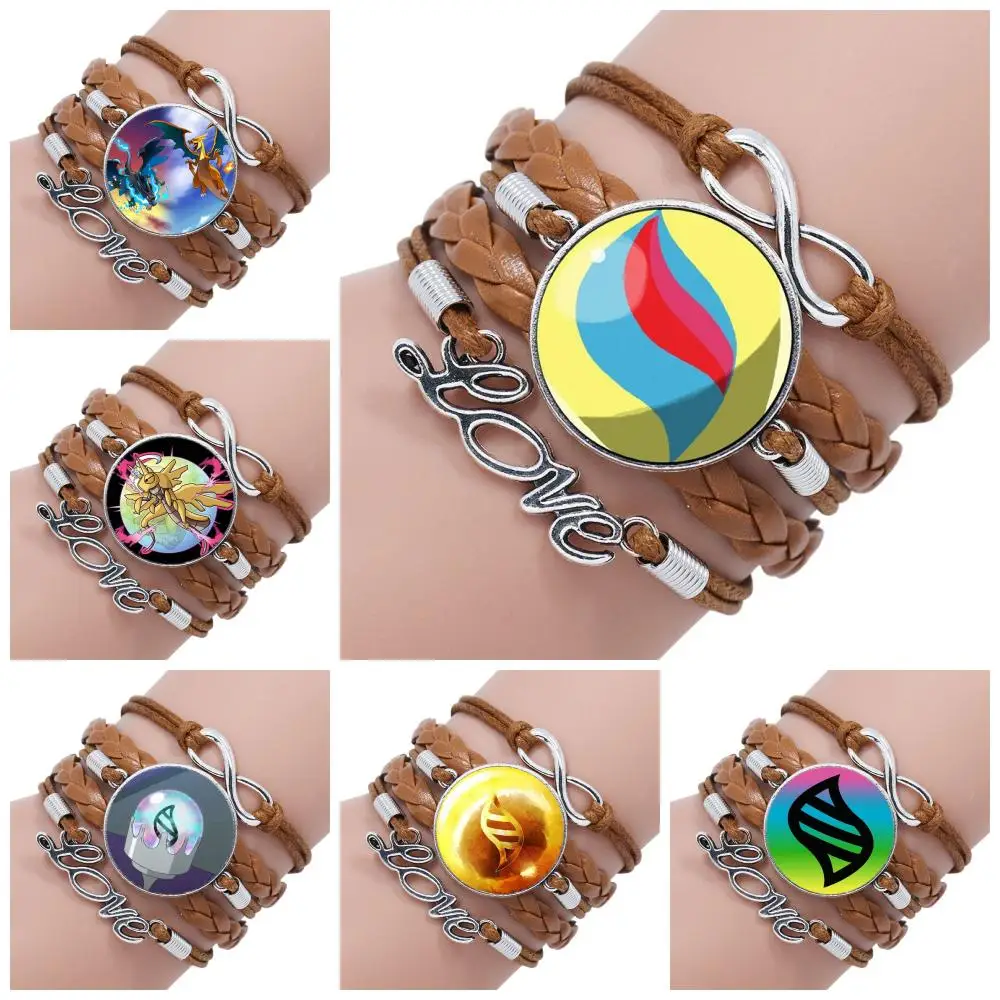 

Pokemon mega stone Harajuku Style Jewelry With Plated Glass Cabochon Multilayer Black/Brown Leather Bracelet Bangle For Women
