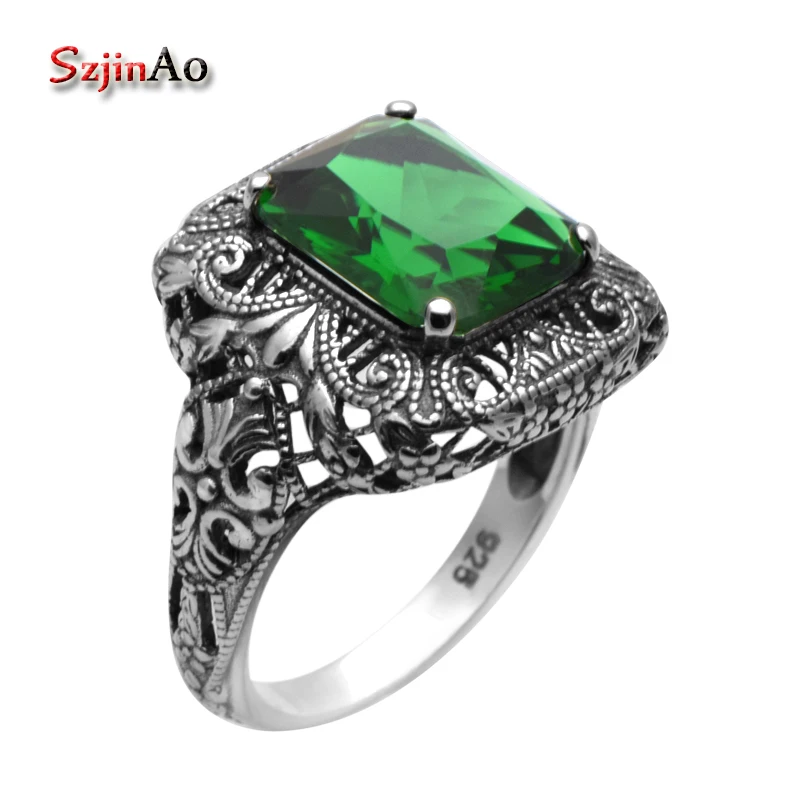 

Szjinao Antique Jewelry 100% 925 Sterling Silver Jewelry Green Emerald Rings for Women Wedding Rings Free Gift Box