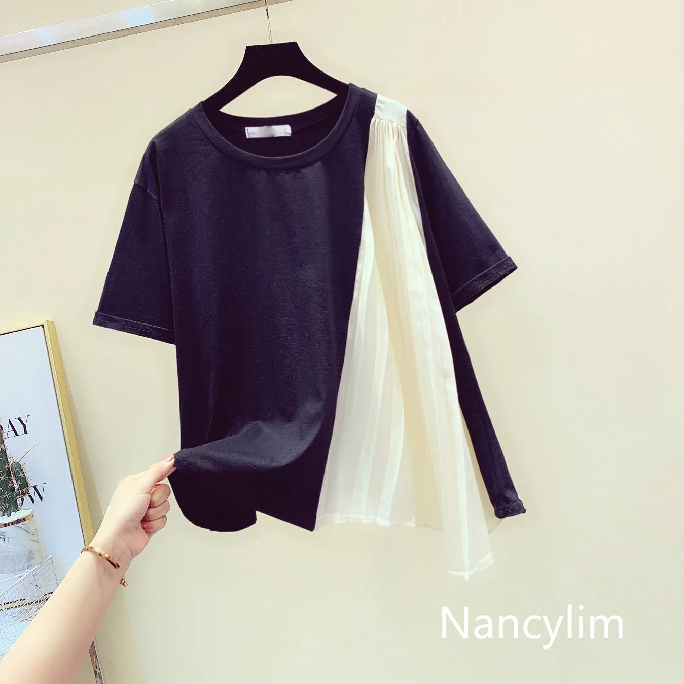 

NANCYLIM T-shirt Shirts Woman 2019 Summer New Celebrity Style Simple Side Decorative Pleats Pleated Short Sleeve Tshirt Female